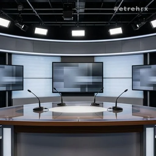 Plateau de télévision avec bureau et micros lors d'un débat d'actualité