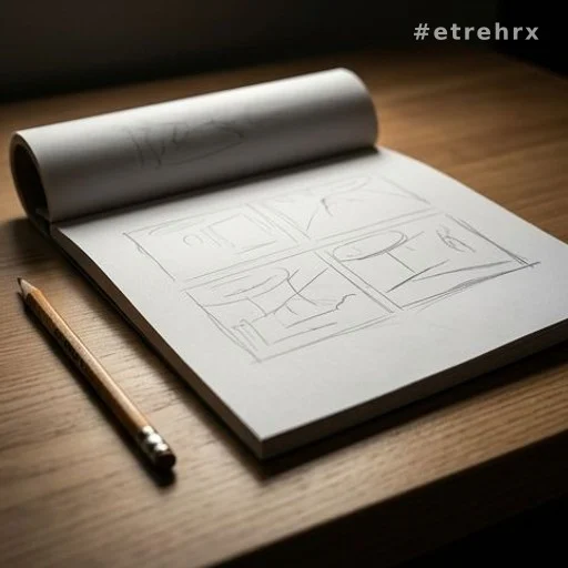 Carnet de dessin ouvert sur un bureau avec un crayon, lumière dramatique