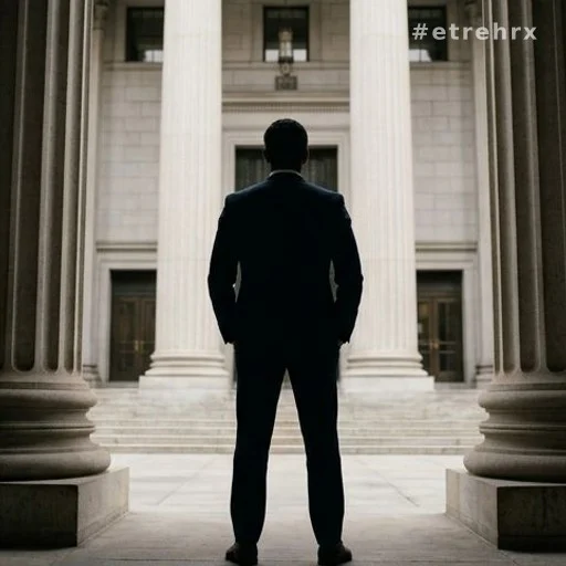 Silhouette d'un dirigeant devant l'entrée d'un tribunal