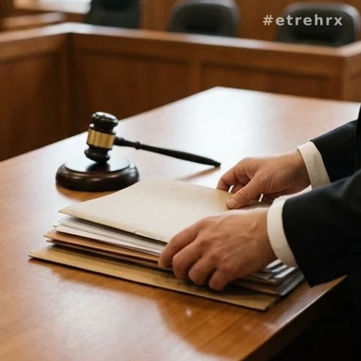 Avocat déposant des dossiers judiciaires sur une table de tribunal