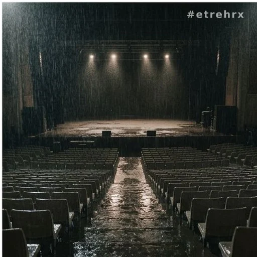 Scène de spectacle en plein air sous une pluie battante la nuit
