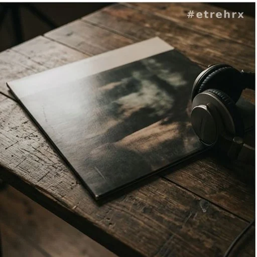 Pochette d'album posée sur une surface en bois avec un casque audio