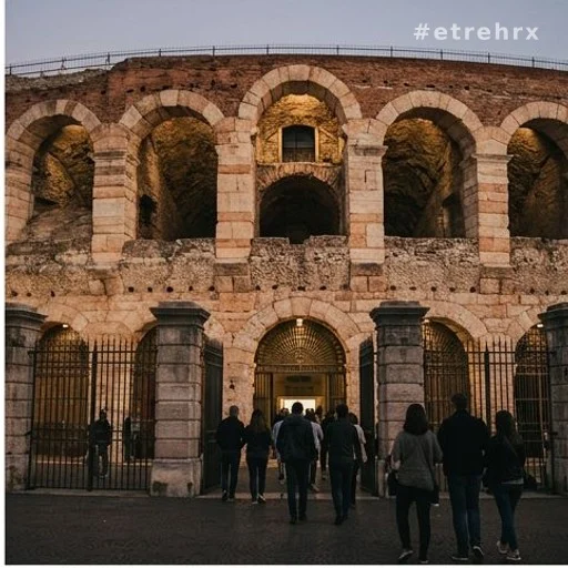 Entrée d'une arène en pierre au crépuscule avec des spectateurs en silhouette