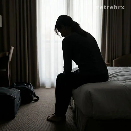 Silhouette de femme de dos assise sur un lit d'hôtel au matin, état de choc