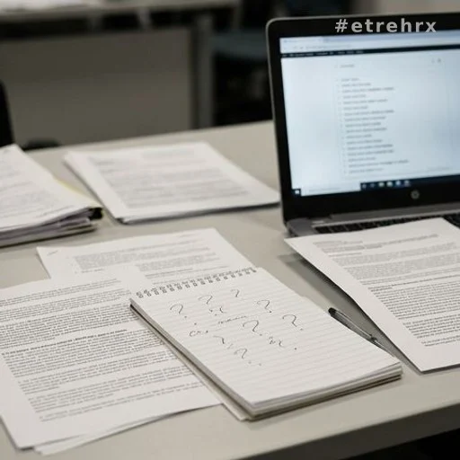 Bureau de journaliste avec documents imprimés et notes manuscrites lors d'une vérification