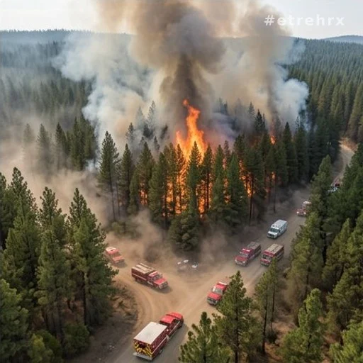 Forêt de pins en feu avec fumée épaisse s'élevant au-dessus des cimes