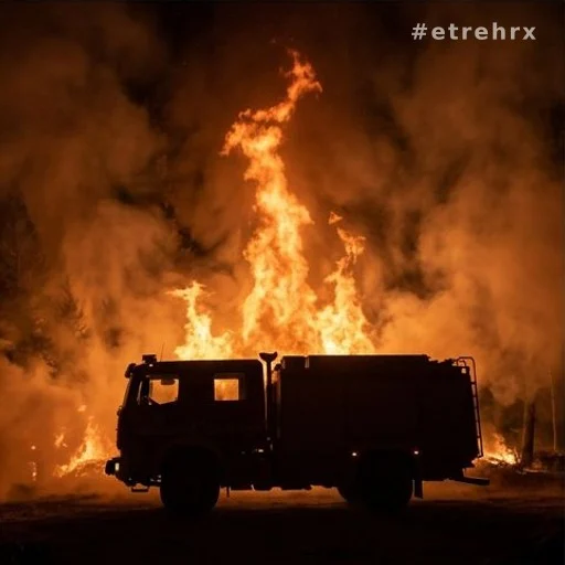 Camion de pompiers encerclé par les flammes dans une forêt en feu