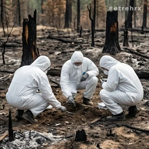 Enquêteurs en tenue de protection sur les lieux d'un incendie de forêt