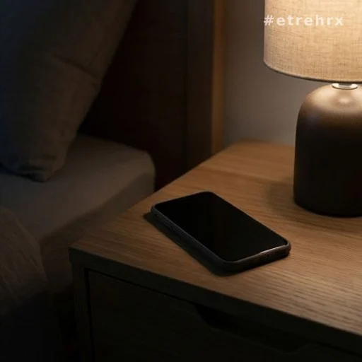 Téléphone retourné sur table de nuit pour limiter lumière bleue avant le sommeil
