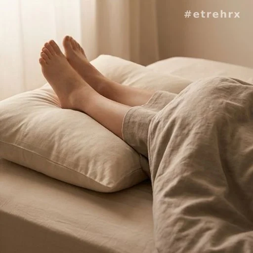 Jambes surélevées sur coussin pour améliorer la circulation et réduire les douleurs nocturnes