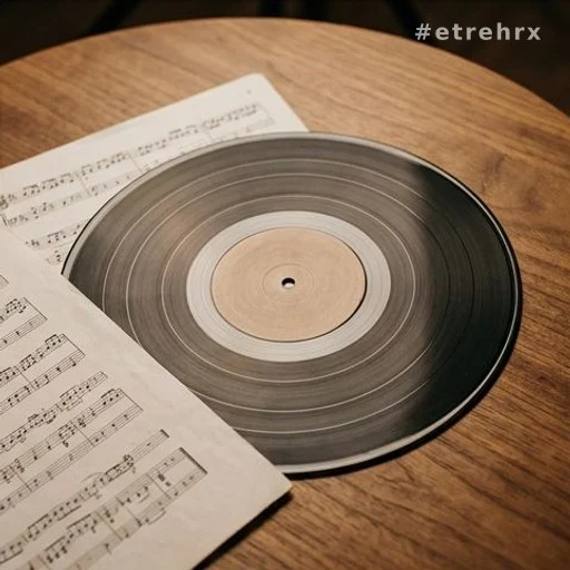 Disque vinyle et partition musicale sur une table, hommage musical