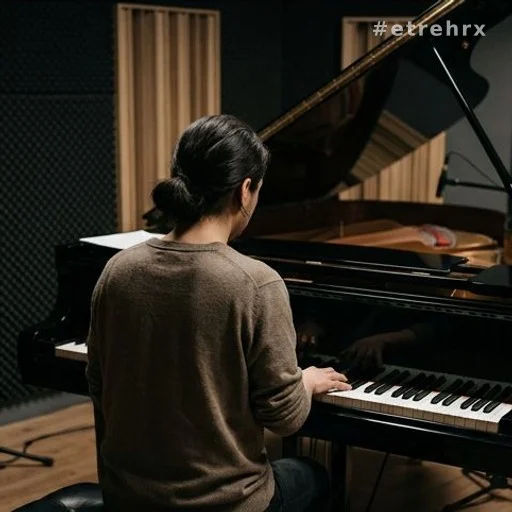 Chanteur de dos au piano en studio d'enregistrement