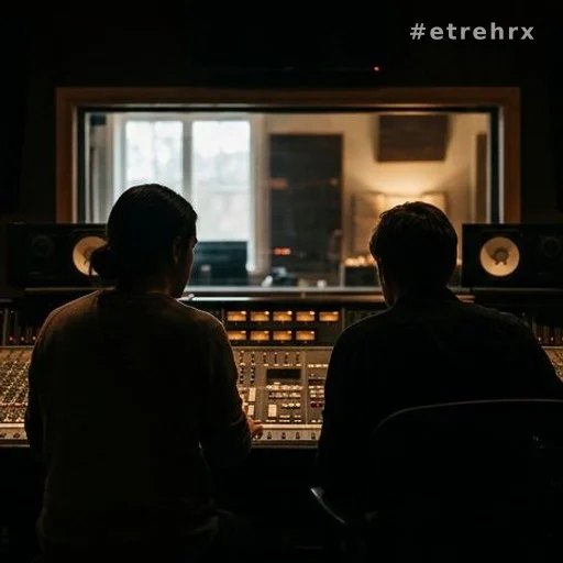 Deux silhouettes en studio d'enregistrement, collaboration musicale