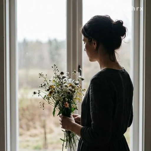 Femme de dos tenant des fleurs devant une fenêtre, hommage familial