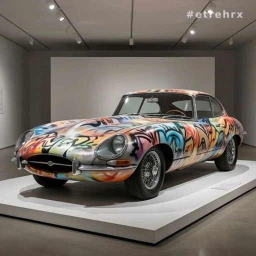 Voiture de collection customisée avec des graffitis colorés dans un musée