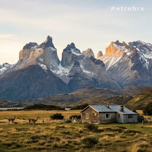 Paysage de Patagonie avec montagnes et habitation isolée au crépuscule