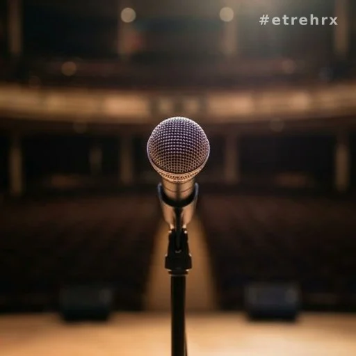 Microphone sur scène dans une salle de concert vide avec éclairage tamisé