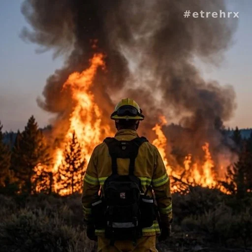 Pompier de dos face à un incendie de forêt en Gironde