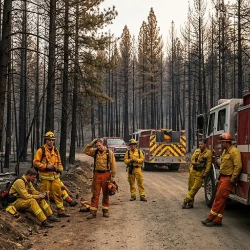 Pompiers épuisés au repos près de camions de pompiers en forêt brûlée