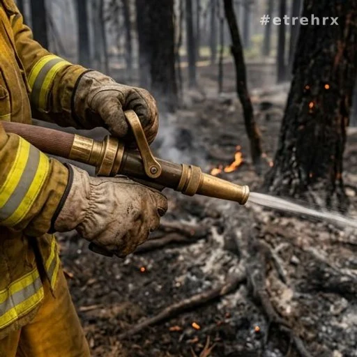 Gros plan sur les mains gantées d'un pompier tenant une lance à incendie