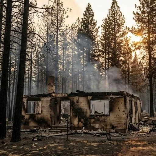 Maison calcinée entourée d'arbres brûlés dans une forêt de pins