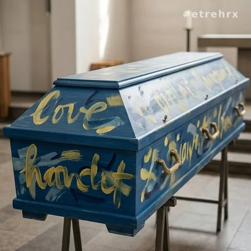 Cercueil bleu décoré de coups de pinceau jaunes lors des obsèques de Guesch Patti