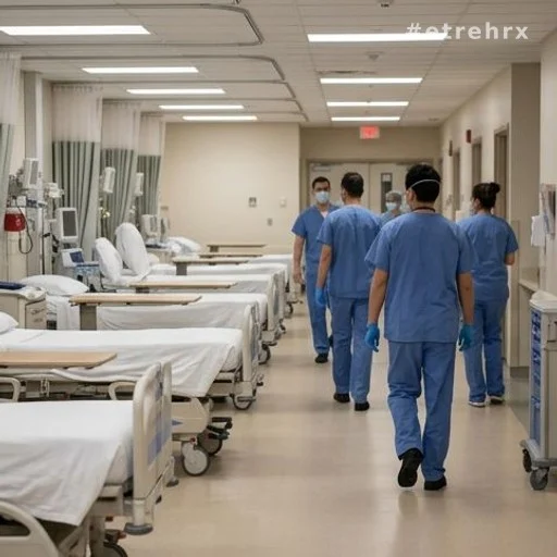 Couloir d'hôpital avec soignants en tenue médicale, illustrant la pression hivernale