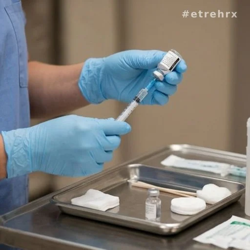 Mains gantées d'un soignant préparant une seringue de vaccin sur un plateau médical