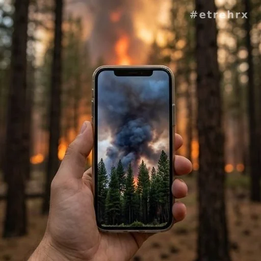 Main tenant un smartphone avec photo de ciel enfumé par un incendie de forêt