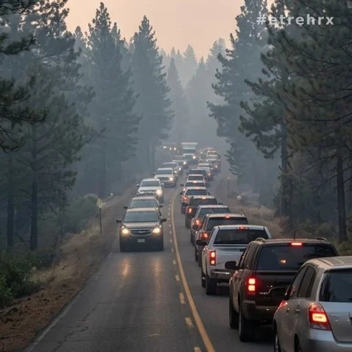 Embouteillage sur route forestière lors d'une évacuation d'incendie