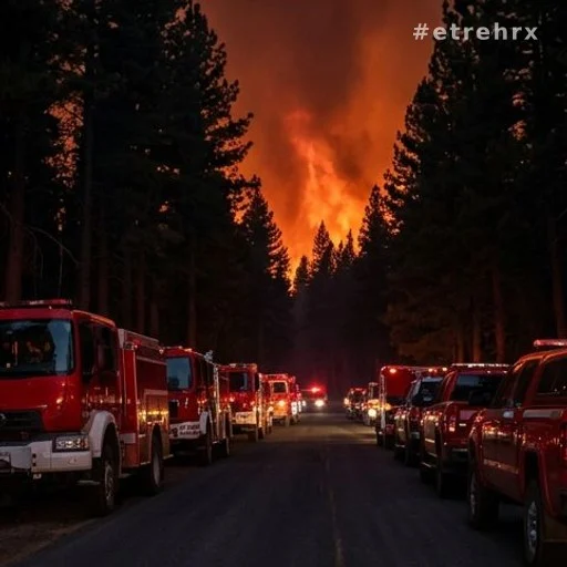 Camions de pompiers alignés de nuit face à un incendie de forêt