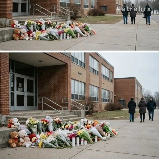 Hommage floral devant l'entrée d'un établissement scolaire