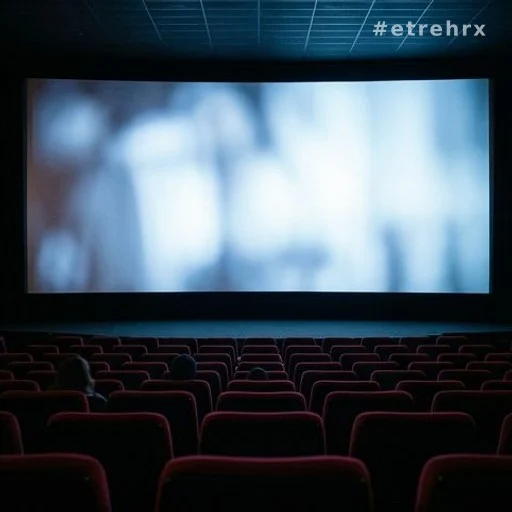 Salle de cinéma vide avec écran lumineux évoquant l'univers des blockbusters