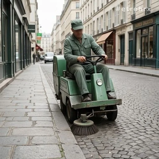 Agent de nettoyage municipal parisien avec engin vert bambou sur trottoir