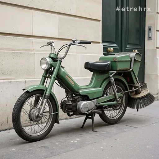 Motocrotte verte équipée de brosses et sacs de collecte sur trottoir parisien
