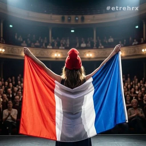 Silhouette de dos sur scène avec drapeau tricolore et bonnet phrygien aux Folies Bergère