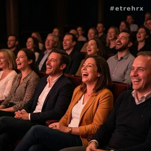 Public d'une cérémonie théâtrale hilare dans une salle aux lumières tamisées