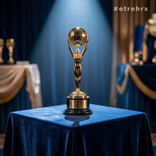 Trophée doré des Molières posé sur une table lors d'une cérémonie théâtrale