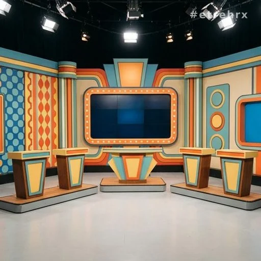 Plateau de jeu télévisé aux couleurs vives inspiré des années 2000
