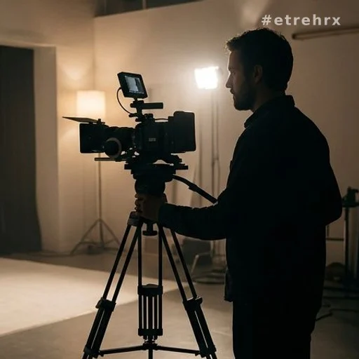 Réalisatrice en silhouette derrière une caméra sur un tournage de court-métrage