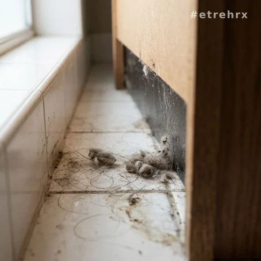 Espace poussiéreux et humide derrière un meuble de salle de bain
