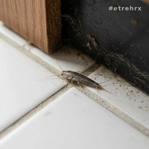Poisson d'argent sur carrelage blanc de salle de bain humide
