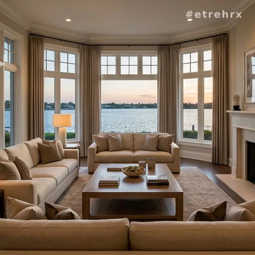 Intérieur d'une résidence de luxe avec vue sur l'eau, décoration sobre et lumineuse