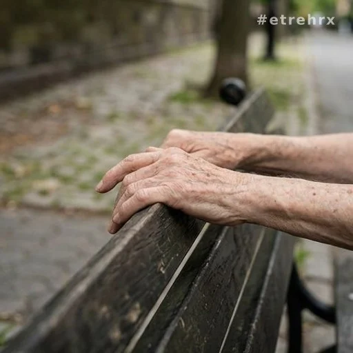 Mains d'une personne âgée sur un banc de parc, victimes arnaque bijoux