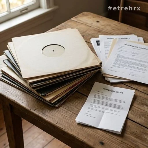 Disques vinyles et documents administratifs symbolisant la carrière d'une artiste