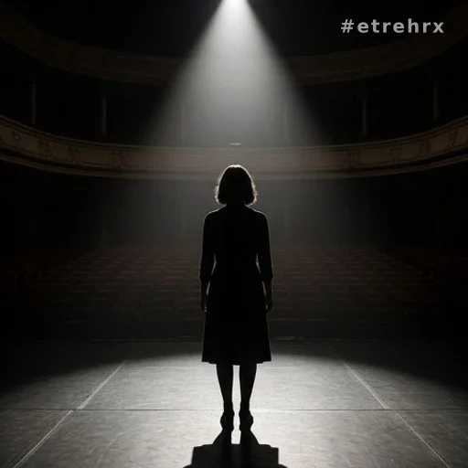 Silhouette d'une artiste seule sur scène sous un projecteur