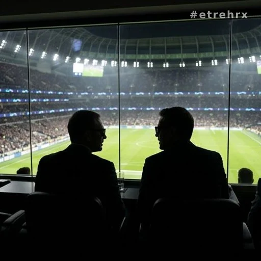 Loge privée d'un stade de football lors d'une finale internationale, deux silhouettes assises