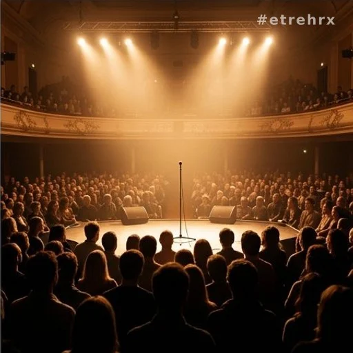 Salle de concert comble avec éclairage de scène chaleureux lors d'un concert