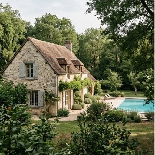 Maison de campagne française avec jardin arboré et piscine sous la lumière naturelle