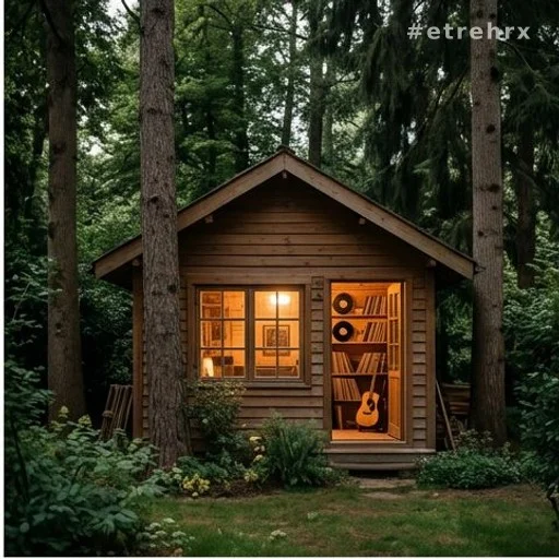 Petite cabane en bois nichée dans un jardin arboré avec lumière chaleureuse intérieure